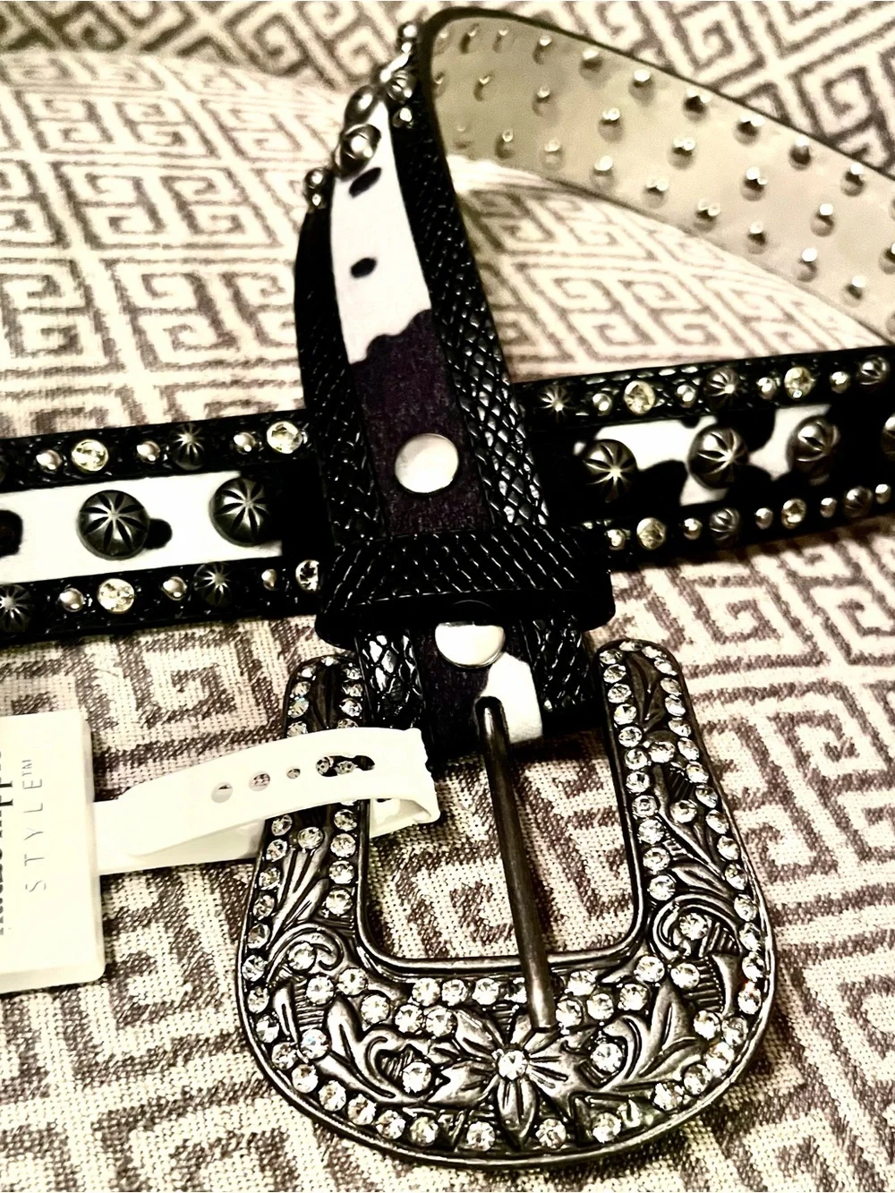 NEW Haute Hippie Black and White Studded Leather Belt with Crystal Buckle.